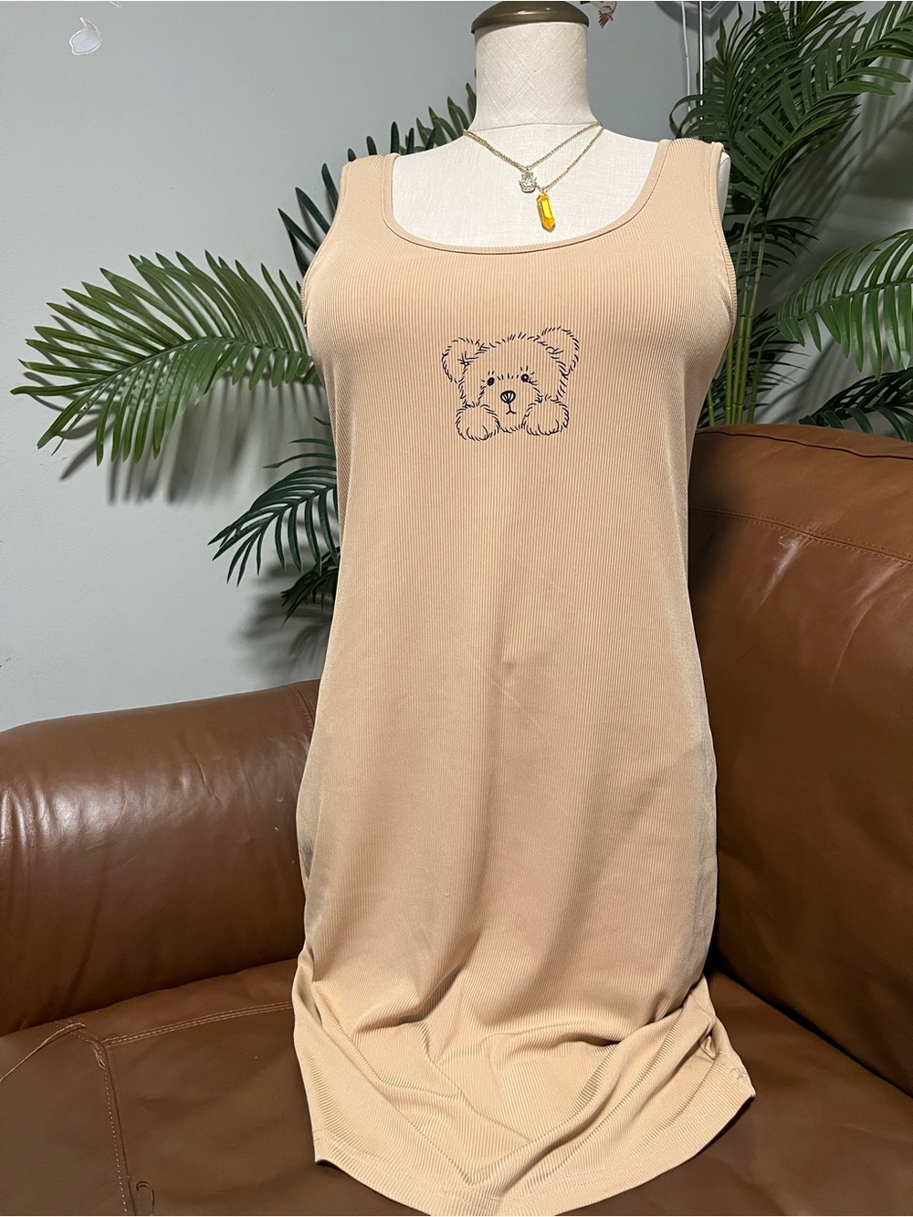 SHEIN Beige Ribbed Teddy Bear Sleep Tank Dress